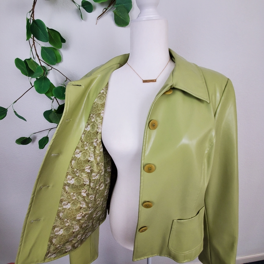VINTAGE BCBG Faux Lime Green Patent Leather Coat